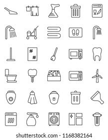 thin line vector icon set - plunger vector, scraper, cleaner trolley, broom, mop, scoop, sponge, towel, trash bin, window cleaning, welcome mat, toilet, drying clothes, washer, liquid soap, shower
