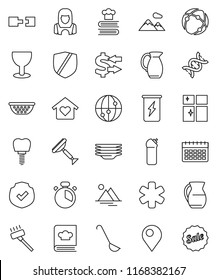 thin line vector icon set - scraper vector, vacuum cleaner, cleaning agent, plates, shining window, woman, colander, cook timer, ladle, cookbook, jug, exchange, enegry drink, calendar, glass, dna
