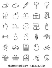 thin line vector icon set - oil vector, double boiler, egg, potato, chicken leg, apple fruit, diet, barbell, bike, buttocks, water bottle, fitness mat, cereals, pool, hoop, run, doctor bag, epilator