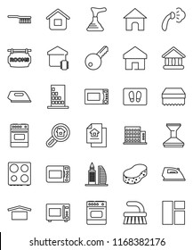 thin line vector icon set - plunger vector, fetlock, sponge, car, welcome mat, iron, steaming, microwave oven, university, dry cargo, home, estate document, rooms signboard, apartments, search, key