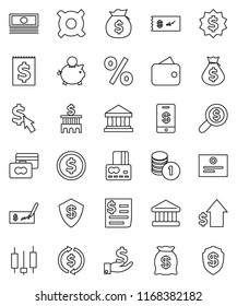 thin line vector icon set - certificate vector, bank, exchange, dollar coin, japanese candle, credit card, cash, money bag, piggy, investment, growth, stack, check, building, search, medal, cursor