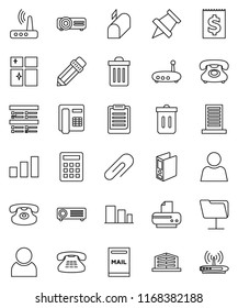 thin line vector icon set - trash bin vector, shining window, pencil, clipboard, paper pin, exam, binder, phone, receipt, sorting, classic, network folder, router, attachment, user, mailbox, printer