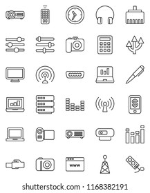 thin line vector icon set - pen vector, notebook pc, laptop graph, clock, camera, antenna, equalizer, remote control, headphones, hdmi, big data, browser, lan connector, route arrow, wireless, video