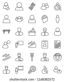 thin line vector icon set - blackboard vector, student, manager, man, personal information, horizontal bar, stairways run, client, speaking, group, disabled, doctor, crutches, head bandage, user
