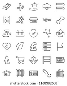 thin line vector icon set - towel vector, house hold, ladle, flag, leaf, gold ingot, receipt, pound, bone, run, route, plane, top sign, protected, shelving, speaker, heart cross, hospital building