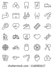 thin line vector icon set - liquid soap vector, heart pulse, bike, jump rope, hand trainer, muscule, buttocks, snickers, shorts, target, pills, enegry drink, stairways run, breads, gymnast rings