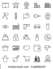 thin line vector icon set - clothespin vector, water tap, drying clothes, kettle, apron, wallet, jump rope, muscule hand, shorts, swimsuite, bottle, signpost, calendar, dry cargo, heart, eye, bench