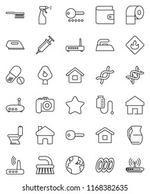 thin line vector icon set - fetlock vector, iron, toilet, sprayer, paper, plates, jug, wallet, pills, earth, flammable, camera, dna, syringe, drop counter, router, home, key, house, fruit tree, star