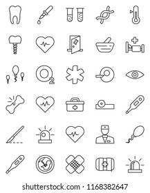 thin line vector icon set - thermometer vector, heart pulse, first aid kit, oxygen, doctor bag, ambulance star, vial, eye, dna, pregnancy, insemination, dropper, scalpel, broken bone, patch, mortar