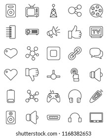 thin line vector icon set - film spool vector, antenna, speaker, tv, gamepad, remote control, touchscreen, dialog, headphones, social media, link, finger up, down, heart, battery, stop button, hdmi