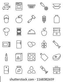 thin line vector icon set - camping cauldron vector, colander, skimmer, meat hammer, cutting board, microwave oven, double boiler, blender, plates, dish, jar, cereal, pasta, mushroom, potato, steak