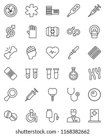 thin line vector icon set - rubber glove vector, school building, heart pulse, first aid kit, ambulance star, disabled, doctor, thermometer, flask, vial, gender sign, magnifier, pregnancy, syringe