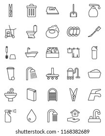 thin line vector icon set - soap vector, cleaner trolley, water tap, vacuum, scoop, clothespin, sponge, trash bin, drop, car fetlock, iron, bath, toilet, drying clothes, brush, foam basin, liquid