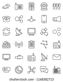thin line vector icon set - clipboard vector, satellite, phone, antenna, radio, loudspeaker, mobile, dialog, classic, connect, network, server, firewall, lan connector, share, refresh, mail, tap pay