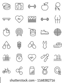 thin line vector icon set - diet vector, barbell, measuring, scales, heart pulse, stopwatch, pills vial, bike, weight, jump rope, hand trainer, buttocks, snickers, boxing glove, swimsuite, target