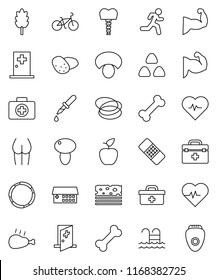 thin line vector icon set - cereal vector, mushroom, potato, chicken leg, apple fruit, heart pulse, bike, muscule hand, buttocks, breads, pool, first aid kit, bone, hoop, run, doctor bag, dropper