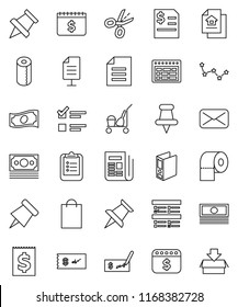 thin line vector icon set - cleaner trolley vector, toilet paper, schedule, clipboard, pin, document, constellation, exam, cash, check, annual report, binder, dollar calendar, money, receipt, mail