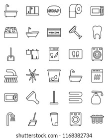 thin line vector icon set - soap vector, scraper, fetlock, mop, scoop, sponge, towel, trash bin, welcome mat, bath, drying clothes, washer, liquid, shining window, toilet paper, tooth, windmill
