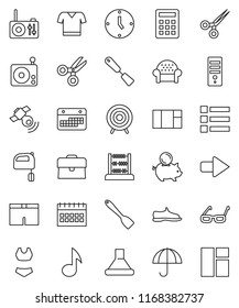 thin line vector icon set - spatula vector, mixer, glasses, scissors, abacus, music, piggy bank, case, clock, calendar, snickers, shorts, swimsuite, t shirt, target, umbrella, radio, satellitie