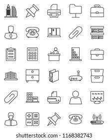 thin line vector icon set - shining window vector, student, case, paper pin, archive, exam, manager, binder, phone, clipboard, classic, thumbtack, diagnostic monitor, network folder, router, user
