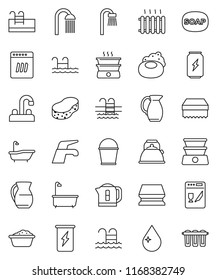thin line vector icon set - soap vector, water tap, bucket, sponge, drop, bath, foam basin, shower, kettle, jug, enegry drink, pool, heating, dishwasher, double boiler, filter