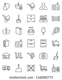 thin line vector icon set - scoop vector, washing powder, cereal, archive, binder, first aid kit, wood box, cargo, no trolley, warehouse, search, radio, mailbox, relocation truck, cashbox, basket