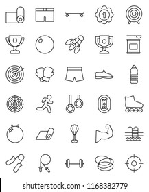 thin line vector icon set - award cup vector, barbell, jump rope, hand trainer, punching bag, fitball, muscule, snickers, boxing glove, shorts, roller Skates, skateboard, target, medal, water bottle