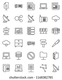 thin line vector icon set - pen vector, notebook pc, archive, laptop graph, binder, prohibition sign, signpost, satellite antenna, newspaper, network, server, folder, big data, share, cloud upload