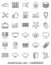 thin line vector icon set - presentation vector, personal information, graph, dollar growth, binder, board, barcode, music hit, social media, network, folder, server, cloud, exchange, big data, hub