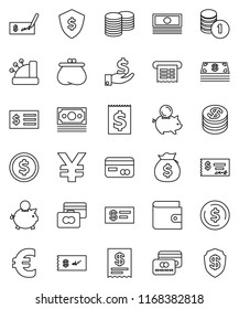 thin line vector icon set - dollar coin vector, credit card, wallet, cash, money bag, piggy bank, investment, stack, check, receipt, shield, euro sign, yen, cashbox