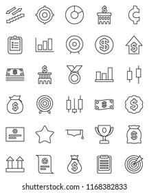 thin line vector icon set - graduate hat vector, clipboard, award cup, certificate, graph, pie, japanese candle, money bag, dollar growth, bank building, target, medal, cent sign, stairways run, top