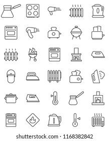 thin line vector icon set - iron vector, steaming, pan, camping cauldron, kettle, turk coffee, toaster, oven, thermometer, bbq, flammable, fireplace, heating, hair dryer, heater