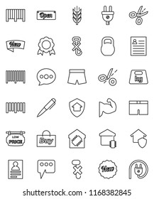 thin line vector icon set - pen vector, medal, personal information, muscule hand, shorts, cereals, no hook, weight, barcode, message, low price signboard, smart home, protect, new, open, buy