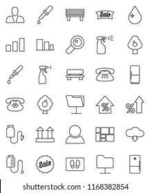 thin line vector icon set - water drop vector, welcome mat, sprayer, percent growth, consolidated cargo, top sign, sorting, classic phone, magnifier, dropper, counter, network folder, bench, fridge