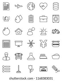 thin line vector icon set - mop vector, foam basin, school bus, world, manager, case, calculator, presentation board, personal information, yen sign, heart pulse, fitball, plane, tulip, oil barrel