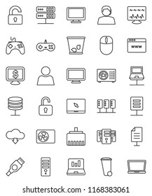 thin line vector icon set - trash bin vector, laptop graph, monitor dollar, support, gamepad, notebook pc, hdmi, diagnostic, server, network, browser, lan connector, cloud download, document, user