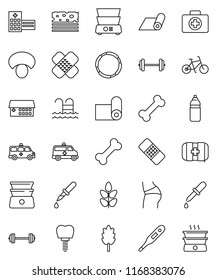 thin line vector icon set - double boiler vector, cereal, mushroom, barbell, bike, buttocks, water bottle, fitness mat, cereals, breads, pool, first aid kit, bone, hoop, thermometer, dropper, patch