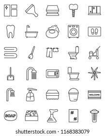thin line vector icon set - soap vector, plunger, scraper, cleaner trolley, broom, scoop, bucket, sponge, towel, window cleaning, welcome mat, bath, toilet, drying clothes, liquid, shining, shower