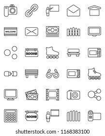 thin line vector icon set - welcome mat vector, microwave oven, blackboard, glasses, calculator, roller Skates, money, dry cargo, film frame, monitor, link, mail, share, bench, connection, fence