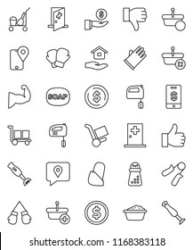 thin line vector icon set - soap vector, cleaner trolley, foam basin, rubber glove, house hold, hand mill, mixer, blender, dollar coin, investment, trainer, muscule, boxing, traking, cargo, down