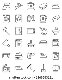 thin line vector icon set - scraper vector, water tap, vacuum cleaner, fetlock, scoop, sponge, iron, steaming, drying clothes, washer, sink, pan, kettle, microwave oven, fridge, dishwasher