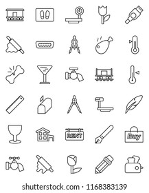 thin line vector icon set - water tap vector, welcome mat, rolling pin, thermometer, chicken leg, pen, pencil, ruler, drawing compass, Railway carriage, glass, tulip, big scales, hdmi, broken bone