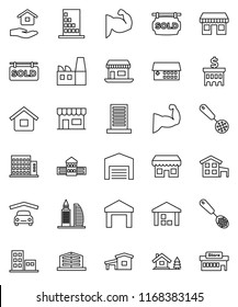 thin line vector icon set - house hold vector, skimmer, school building, bank, muscule hand, office, warehouse, hospital, cottage, chalet, garage, barn, sold signboard, apartments, factory, store
