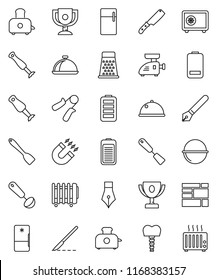 thin line vector icon set - camping cauldron vector, spatula, ladle, knife, grater, toaster, blender, dish, pen, award cup, magnet, safe, hand trainer, consolidated cargo, battery, scalpel, fridge