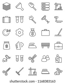thin line vector icon set - scraper vector, vacuum cleaner, rake, iron, steaming, student, case, money bag, big scales, group, vial, scissors, data, gear, bench, construction crane, 24 hour