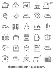 thin line vector icon set - iron vector, pan, kettle, cook glove, turk coffee, oven, thermometer, bbq, flammable, fireplace, heating, maker, toaster, hair dryer, heater