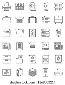 thin line vector icon set - clipboard vector, certificate, document, archive, exam, case, annual report, binder, receipt, newspaper, network folder, big data, estate, catalog, printer