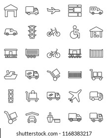thin line vector icon set - bike vector, Railway carriage, plane, traffic light, ship, truck trailer, sea container, delivery, car, port, consolidated cargo, warehouse, disabled, garage, relocation