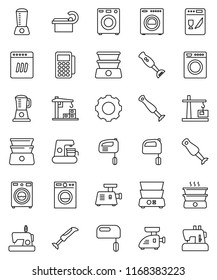 thin line vector icon set - washer vector, mixer, double boiler, blender, tomography, gear, construction crane, card reader, dishwasher, coffee maker, meat grinder, sewing machine