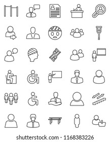 thin line vector icon set - blackboard vector, student, manager, man, personal information, horizontal bar, stairways run, client, speaking, group, disabled, crutches, head bandage, user, login